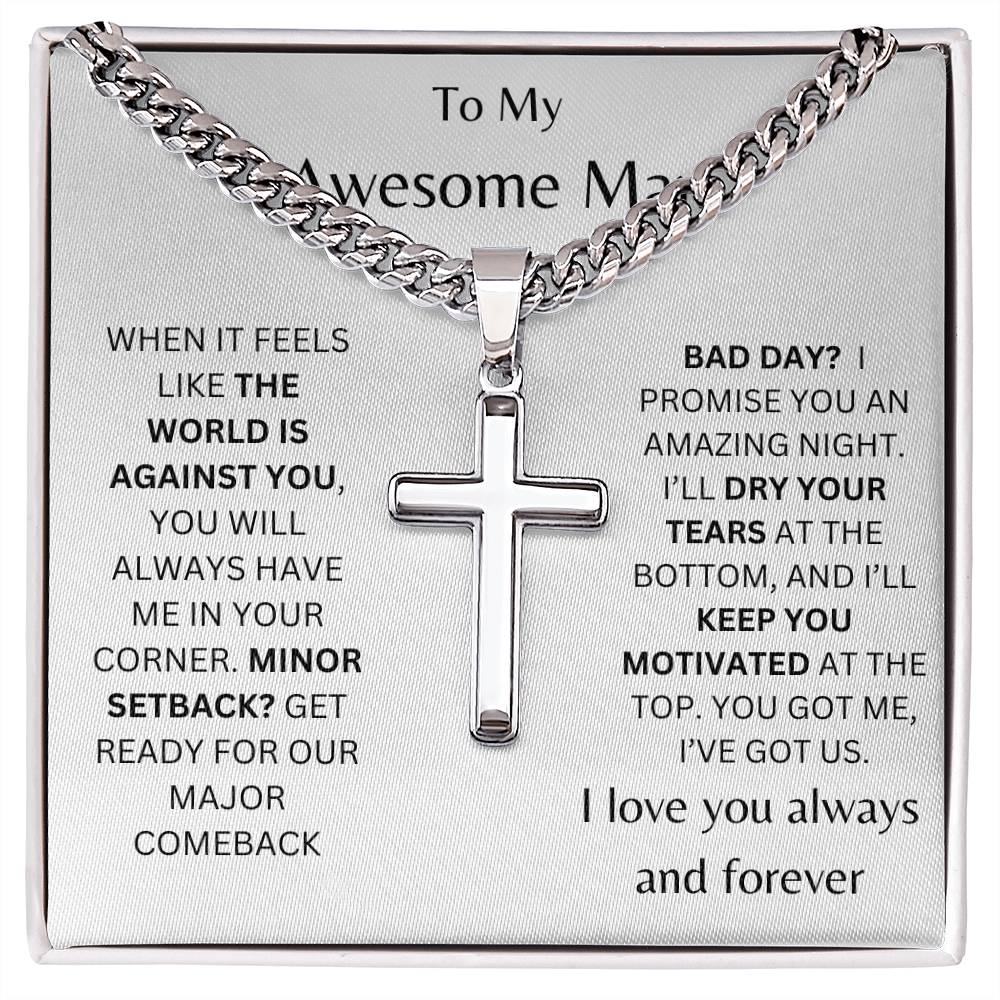 To My Awesome Man Personalized Steel Cross Necklace