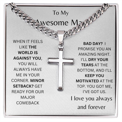 To My Awesome Man Personalized Steel Cross Necklace