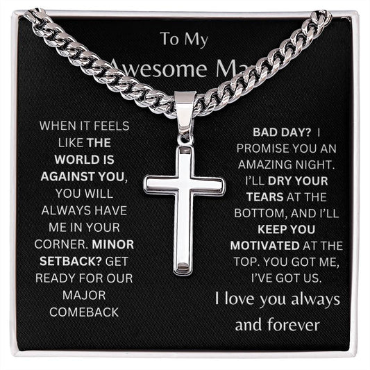 To My Awesome Man Personalized Steel Cross Necklace