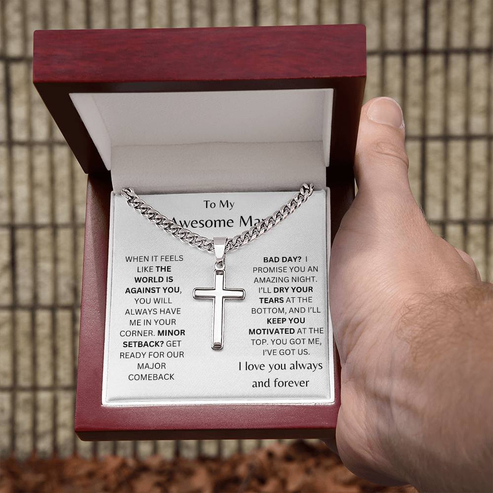 To My Awesome Man Personalized Steel Cross Necklace