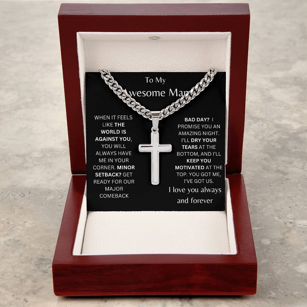 To My Awesome Man Personalized Steel Cross Necklace