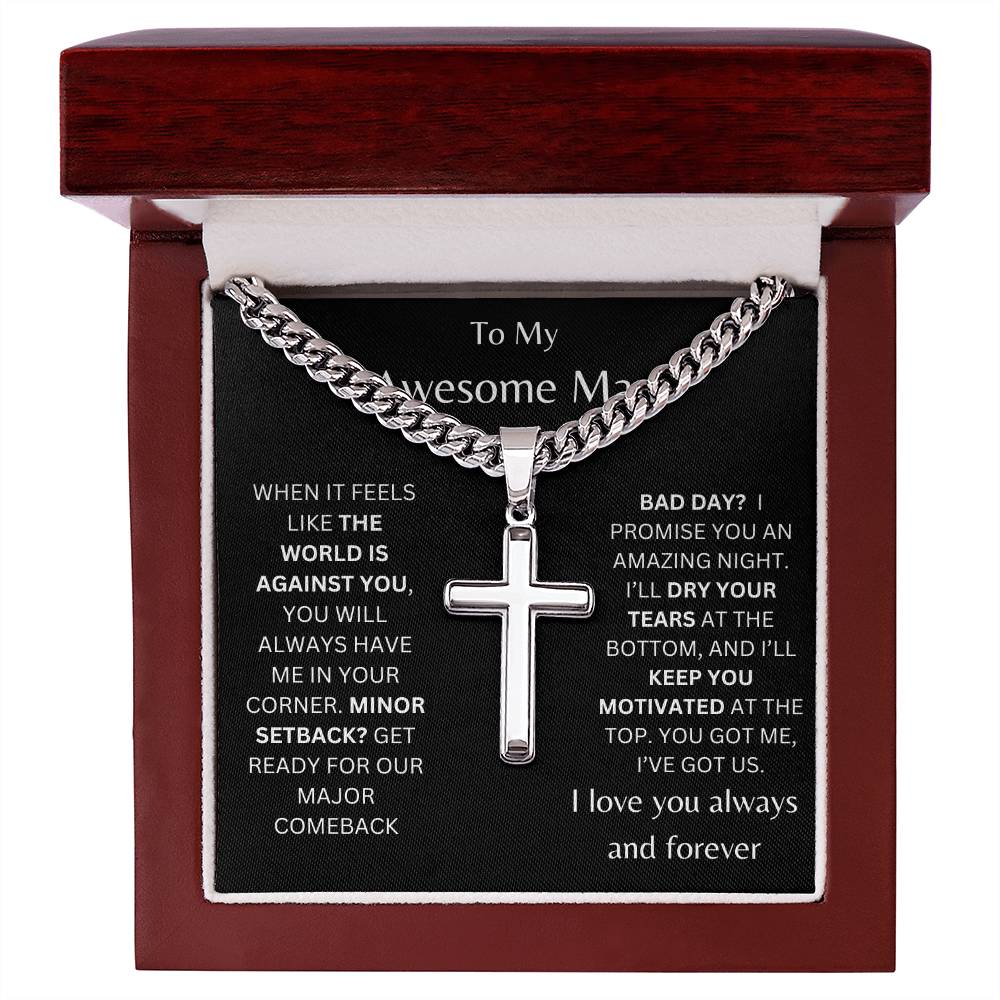 To My Awesome Man Personalized Steel Cross Necklace